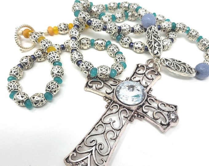 Natural Stones  Single Strand Necklace with Cross