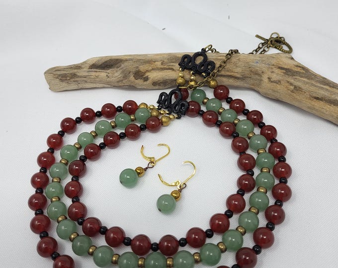 Natural Stones three strand Necklace and Earrings Set