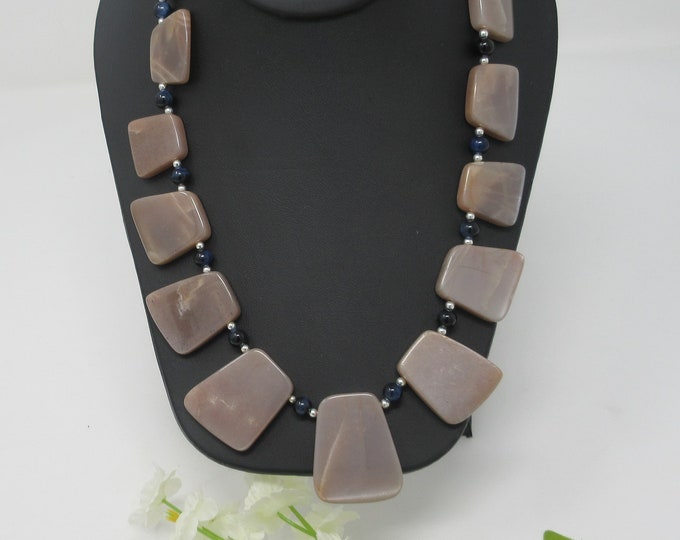Natural Grey Moonstone and Blue Pearls Necklace