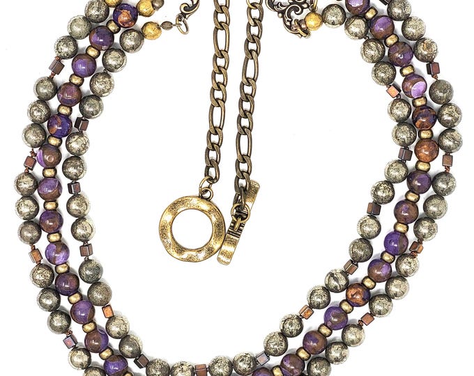 Three strand handmade necklace of  pyrite and amethyst gem stones