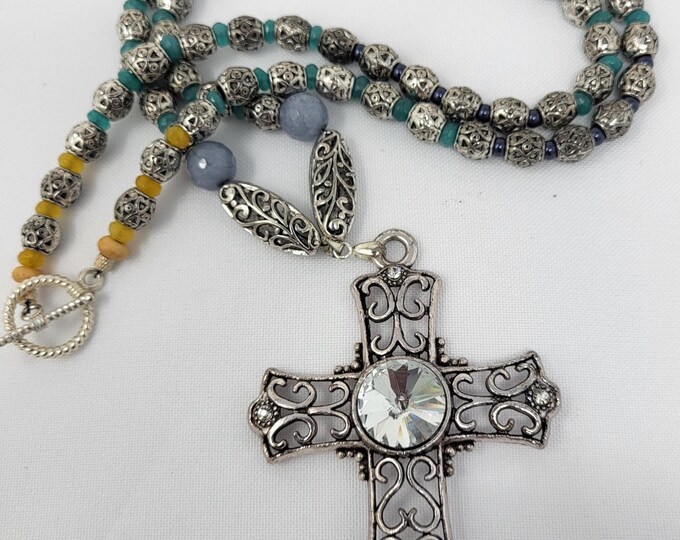 Natural Stones  Single Strand Necklace with Cross