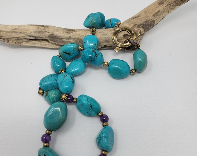 Blue Turquoise Nugget Chunks and Amethysts Beads Necklace
