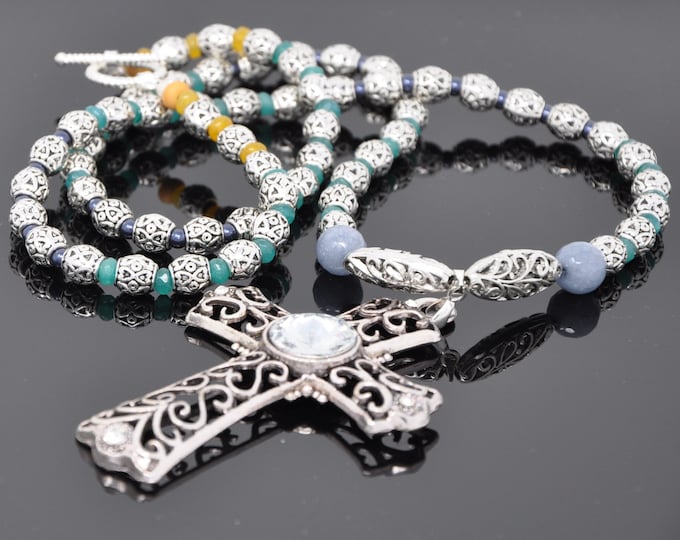 Cross with Glass Bead and Hand-Beaded Natural Stones  Single Strand Necklace