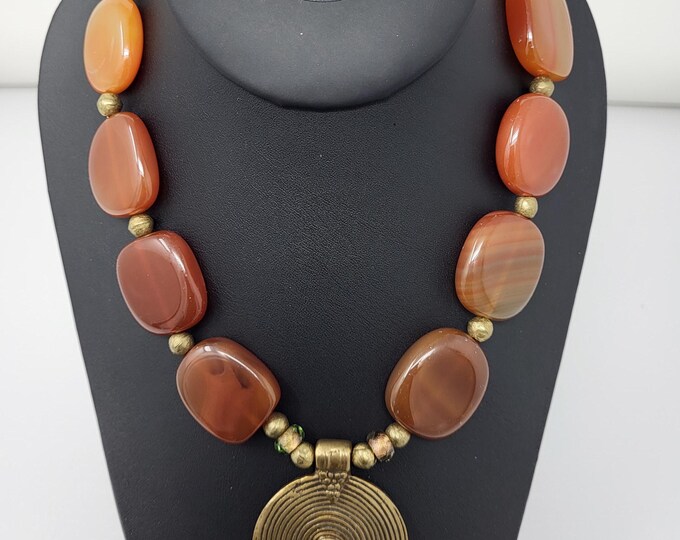 Carnelian and Brass Pendant Necklace