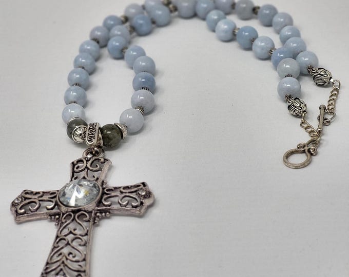Single Strand Cloudy Blue Beads Necklace with Cross