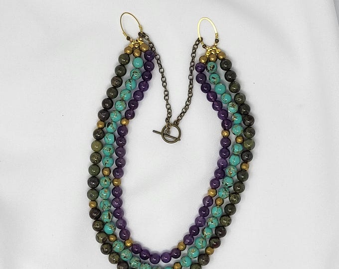 Three Strand Hand-beaded Necklace of Natural Sones