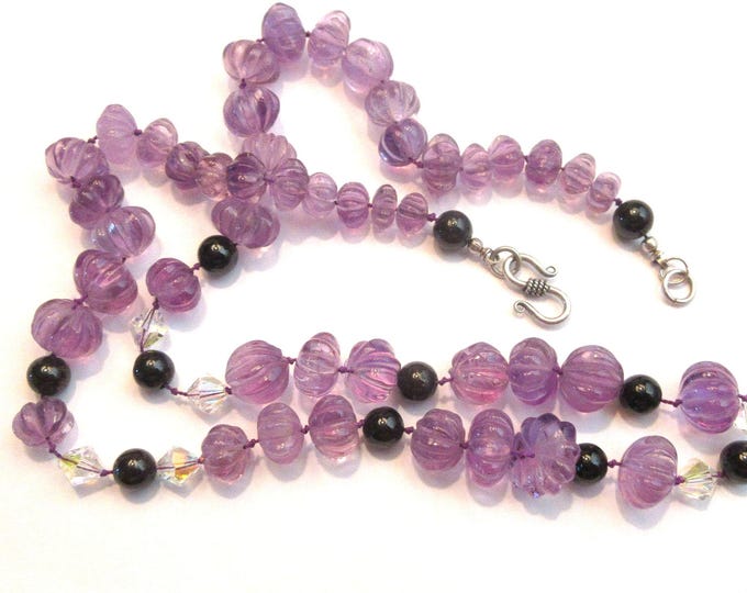 Long Single Strand  Rainbow Fluorite and Polished Onyx Hand-beaded Necklace