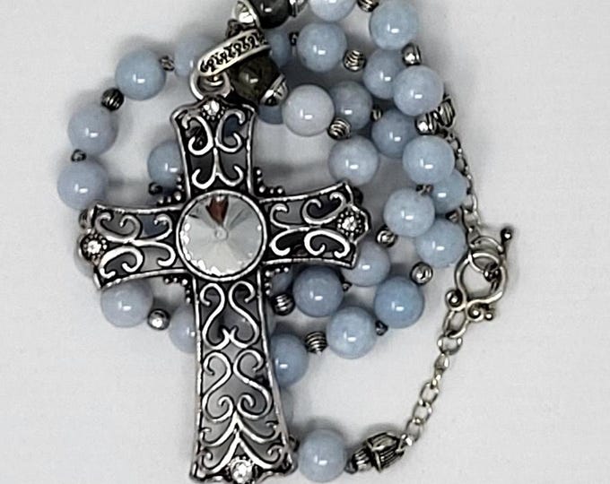 Single Strand Cloudy Blue Beads Necklace with Cross