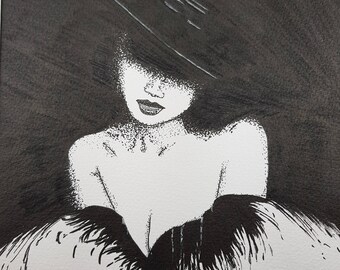 Original Lady in Black Ink Drawing