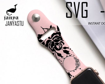 May include: A pink Apple Watch band with a black floral design. The band features a black rose and leaf pattern, with the text "SVG - PDF INSTANT DOWNLOAD". The watch face is black. The brand name "JANYASTU" is visible.