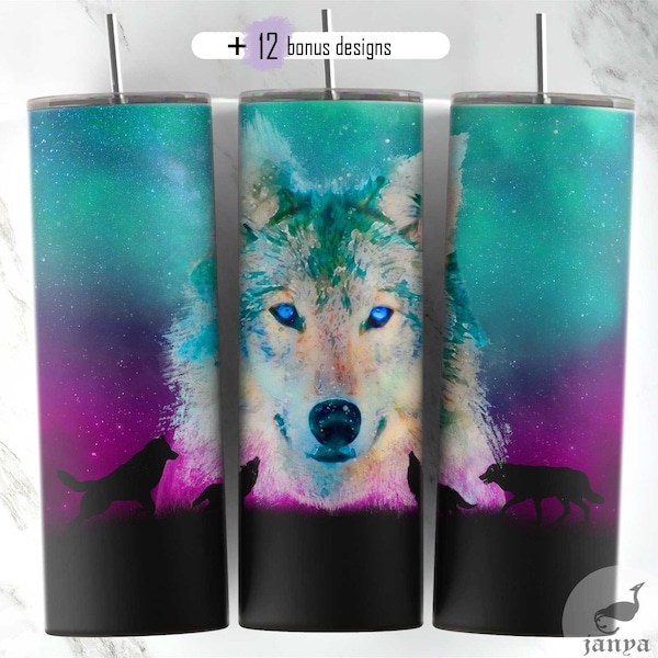 wolf tumbler, 20 oz Skinny Tumbler, milky way tumbler, galaxy moon Teal wolf art sublimation designs, wild animal PNG Wrap, Instant Download