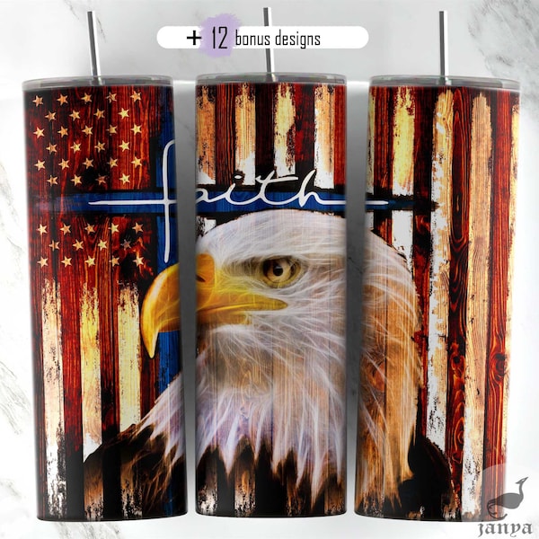 20 oz Skinny Tumbler, Rustic wood grain, American flag Eagle sublimation, faith, Police,  cross, Tapered & Straight Wrap, 4th of July, blue