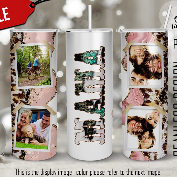 Western cowgirl Mom photo frame tumbler wrap, Cow hide Agate, Leopard turquoise, Sublimation Designs, 20oz skinny Templates, monogram png