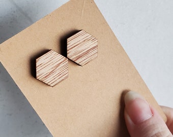 Wooden Hexagon Stud Earrings – Minimalist Geometric Jewelry