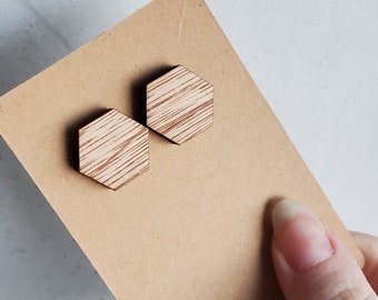 Wooden Hexagon Stud Earrings - Geometric Earrings - Wooden Hexagon - Minimal Stud Earrings - Geometric Jewelry