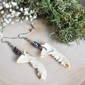 Mink Jawbone Earrings with Black Beading - Witchy Jewelry - Mink