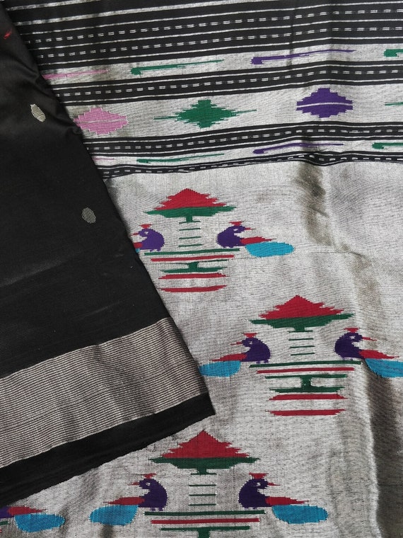 Black cotton paithani with silver zari border Etsy