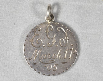 Sterling Silver Edwardian Love Token Charm Pendant; Initialed E.G.J.; March 17th ‘05