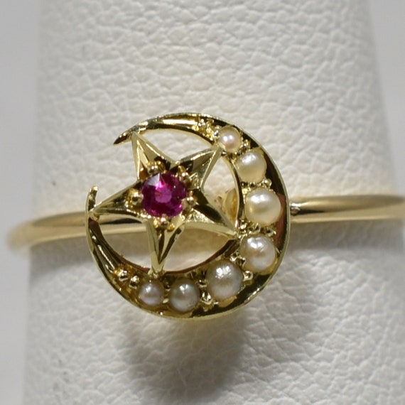 Victorian Gold Ruby Seed Pearl Crescent Star Ring… - image 6