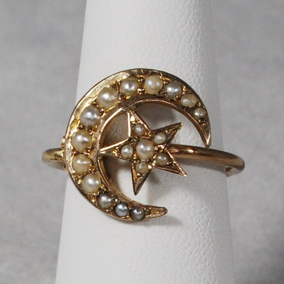 Victorian Crescent Moon & Star Seed Pearl Ring; Pi