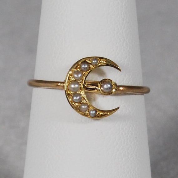 14k Victorian Seed Pearl Crescent Moon Ring; Pin C