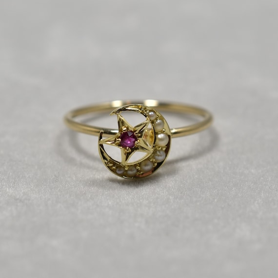 Victorian Gold Ruby Seed Pearl Crescent Star Ring… - image 8