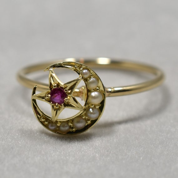 Victorian Gold Ruby Seed Pearl Crescent Star Ring… - image 2