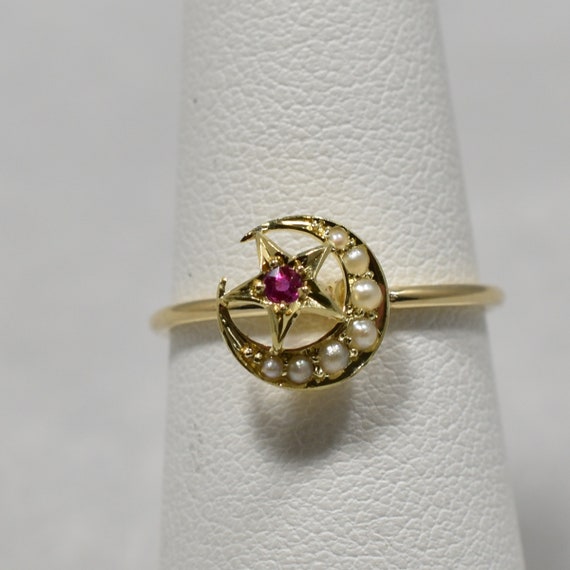 Victorian Gold Ruby Seed Pearl Crescent Star Ring… - image 5