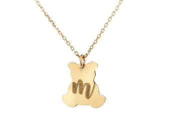 Tiny Bear Charm Necklace, Engraved, Solid Gold Bear Pendant, Sterling Silver Bear Pendant Engraved with Single Initial, Mum To Be Present