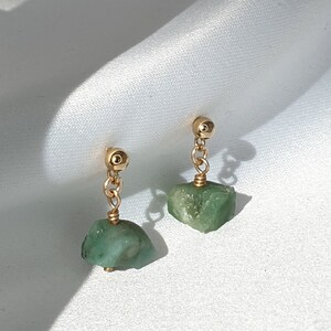 Raw Emerald Earrings in Solid Gold or Sterling Silver, Natural Green Emerald Earrings, Lucky Gemstone Earrings, Durable Materials