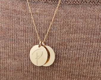 Solid Gold Initial Necklace, 15x15mm Personalised Disc Engraved with Single Initial, Available in Solid Gold and Sterling Silver, Gold Disc