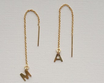 Threader Earrings with Tiny Initials, 14ct Solid Gold Earrings with Initials, Available in Sterling Silver, Personalised Dainty Earrings