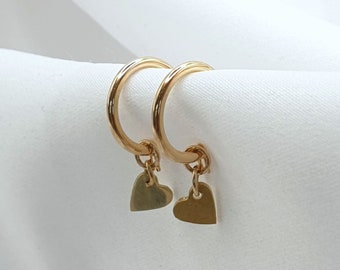 Solid Gold Hoops, Gold Hoop Earrings with Heart Charm, Sterling Silver Hoops with Heart Charm, Secure Hoops with Heart Charm