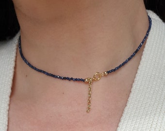 Natural Sapphire Necklace, Tiny beads necklace, Natural sapphire gemstone necklace, Beaded Gemstone Necklace made with Solid gold or Silver