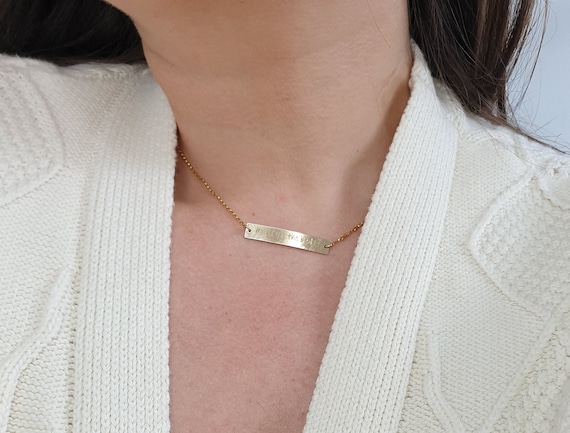 Solid gold bar necklace engraved outlet