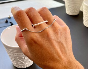 Handmade sterling silver pearl triple ring for women, fine  jewelry, open ring pearl, silver ring adjustable, Dara ring by  Ariadni Kypri