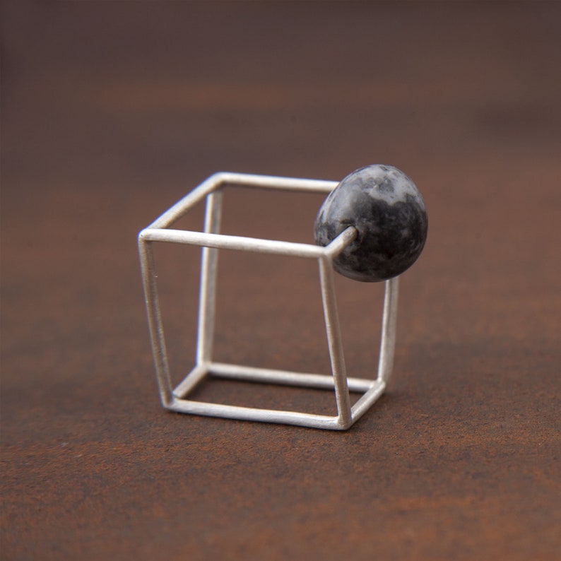 Almost Cube, by Ariadni Kypri, cube silver ring with beach pebble, beach pebble ring_YDOR collection image 2