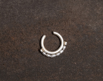 Rizaki Septum Cuff _ sterling silver and freshwater pearls_Snug Fit Fake Septum Ring for Non Pierced Nose_ by Ariadni Kypri, Ydor collection