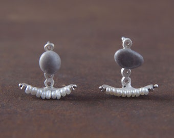 Votsalaki + Pearl Smile, single or pair silver stud earring_beach pebble with pearl ear jacket _womens earring_by Ariadni Kypri