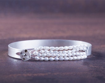 Rizaki Oval Bracelet by Ariadni Kypri, lines of pearls, silver bracelet from Ydor Collection