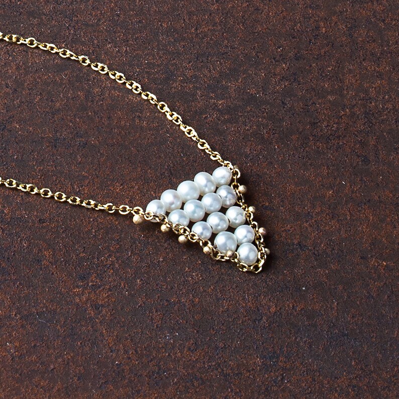 Precious Trigonaki 14K gold chain necklace with tiny white pearls image 4