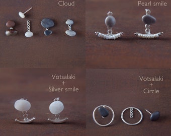 Votsalaki + Cloud_ pair earrings_beach pebble stud with pebble ear jacket_gift for her or him _ by Ariadni Kypri,_YDOR collection