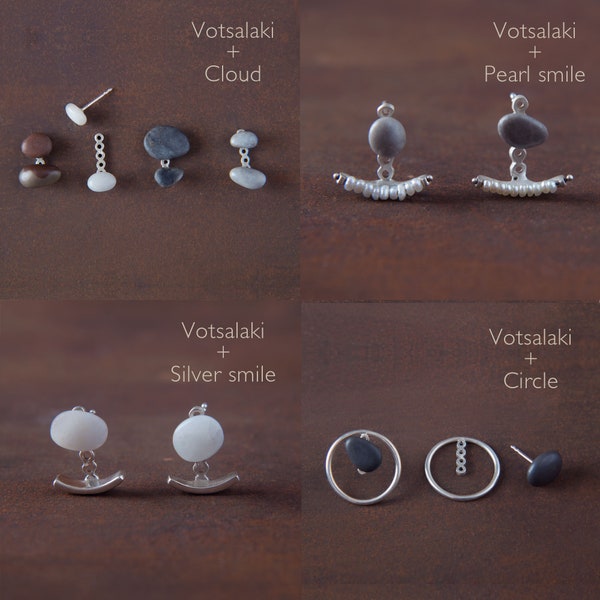 Votsalaki + Cloud_ pair earrings_beach pebble stud with pebble ear jacket_gift for her or him _ by Ariadni Kypri,_YDOR collection