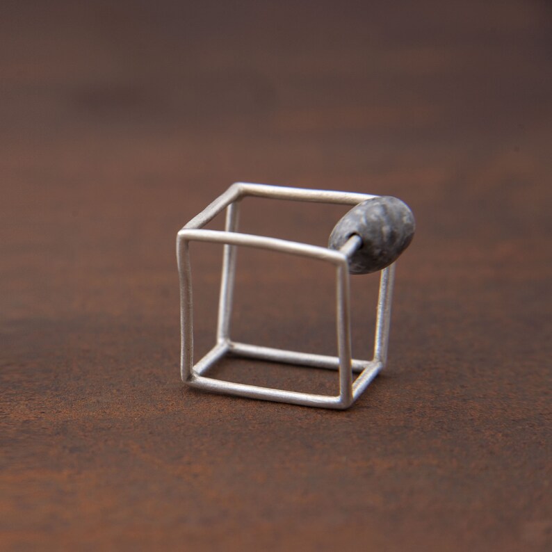 Almost Cube, by Ariadni Kypri, cube silver ring with beach pebble, beach pebble ring_YDOR collection image 3