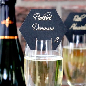 Hexagon Place Cards, Champagne Escort Cards, Drink Place Cards, Glass Place Cards, Wedding Place Cards, Calligraphy Escort Cards, Name Cards