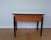 Mid Century vintage Sewing Box storage table with spindle legs upcycled and painted cream and black