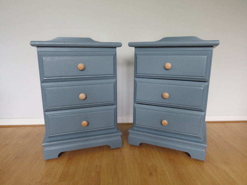 Pair Of Solid Wood Bedside Drawer Cabinets Painted Grey Blue Etsy