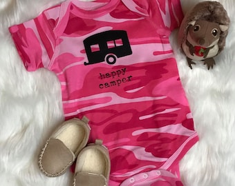 Happy Camper - Baby Bodysuit - Outdoor Baby, Camo, Baby Clothes, Baby Shower Gift - Pink Camo With Black Print