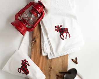 Buffalo Plaid Moose - Set of 4 Kitchen Towels, Flour Sack Towels, Cabin Gift, Camper Gift