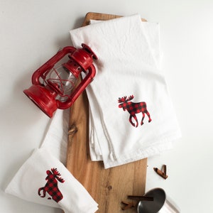 Buffalo Plaid Moose Set of 4 Kitchen Towels, Flour Sack Towels, Cabin Gift, Camper Gift image 1